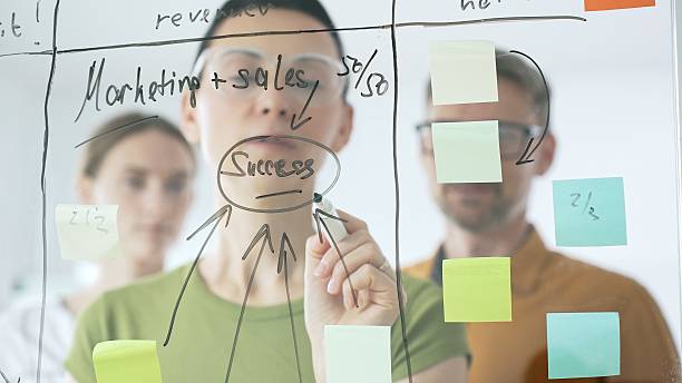 istock Professional team brainstorming, sharing strategy on glass whiteboard with colorful sticky notes, working collaboratively in bright office space. Business people concept 2253985230