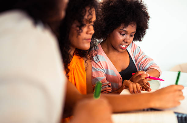 istock Three young African American women collaborate on a study project, focusing intently on their work with pens and notebooks. 2253987326