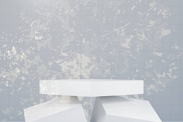 3d abstract white podium with twisted geometric base and soft tree shadow on tiled wall. minimal nature concept for product mockup. 3d render.