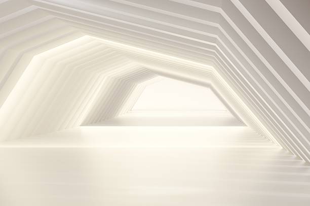 istock 3d glowing angled tunnel with layered white geometry and ambient light. minimal futuristic podium scene. 3d render. 2253992727
