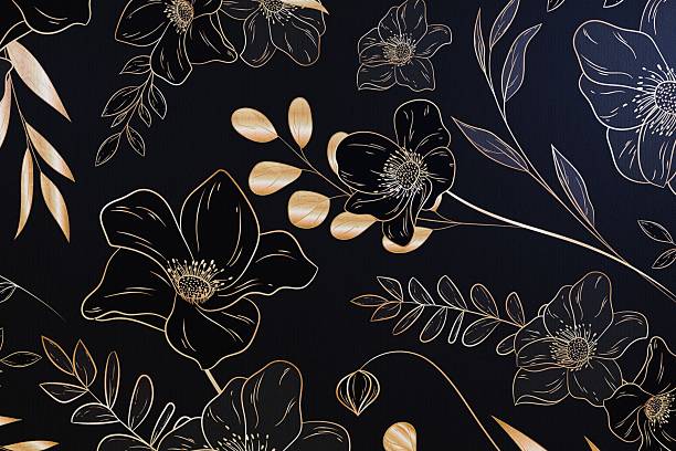 3d gold line floral pattern on black luxury background. seamless elegant flower design.
