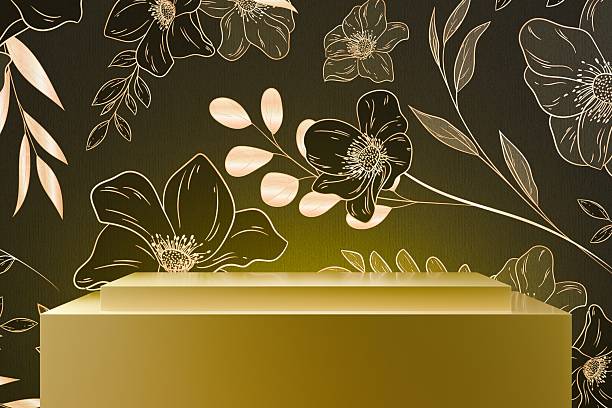 3d gold rectangular podium with luxury floral line art background for product advertising, cosmetic, skincare, or elegant event presentation. 3d render.