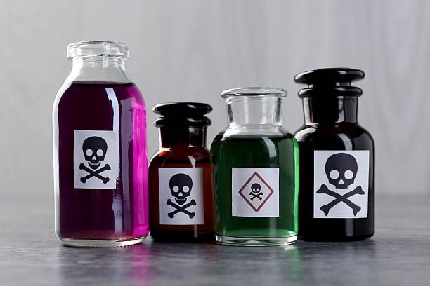 istock Bottles of poison with warning sign on gray table 2253994690