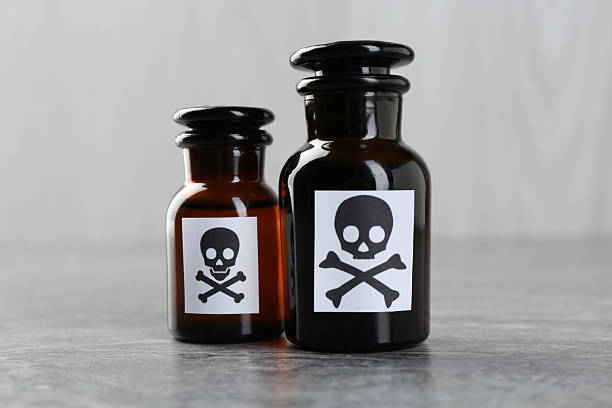 istock Bottles of poison with warning sign on gray table 2253994695
