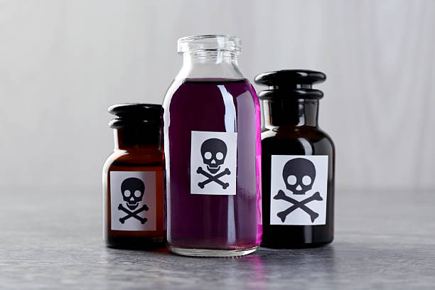 istock Bottles of poison with warning sign on gray table 2253994698