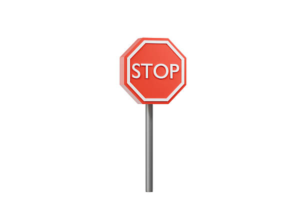 3d stop sign on metal pole. red octagonal road sign with white border and stop text for traffic, safety, and street warning. minimal 3d render.