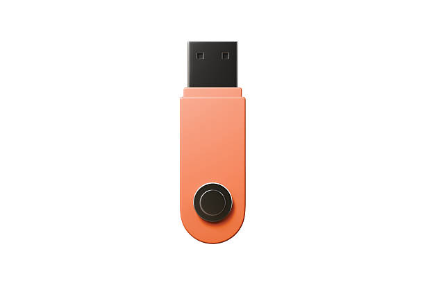 3d orange usb flash drive icon. data storage concept. Minimal cartoon black connector thumb drive memory stick front view for backup and file transfer isolated on white background. 3d render.