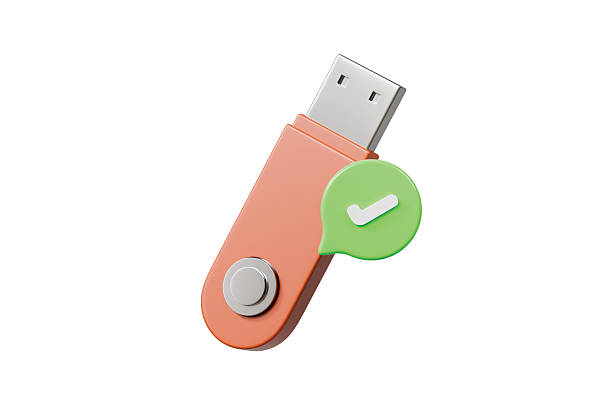 3d usb flash drive with checkmark icon. safe eject concept. Minimal cartoon usb stick thumbdrive pendrive for app banner ui notification. isolated on white background. 3d render