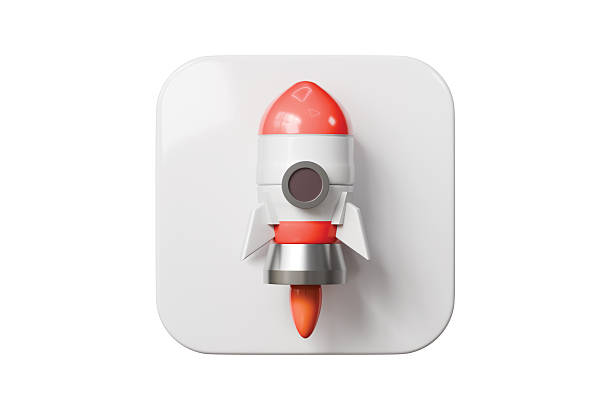 istock 3d rocket app icon. startup launch concept. Minimal cartoon rocket logo badge tile for app store listing. isolated on white background. 3d render. 2253997802