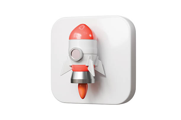 istock 3d rocket app icon. startup launch concept. Minimal cartoon rocket logo badge tile for app store listing. isolated on white background. 3d render. 2253997806