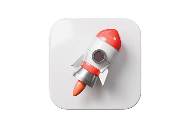 istock 3d rocket app icon. startup launch concept. Minimal cartoon rocket logo badge tile for app store listing. isolated on white background. 3d render. 2253997808