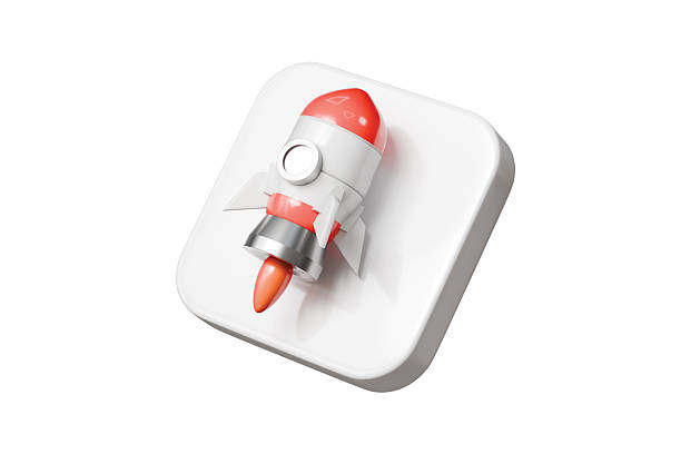 istock 3d rocket app icon. startup launch concept. Minimal cartoon rocket logo badge tile for app store listing. isolated on white background. 3d render. 2253997813