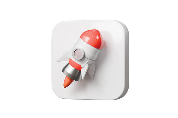 istock 3d rocket app icon. startup launch concept. Minimal cartoon rocket logo badge tile for app store listing. isolated on white background. 3d render. 2253997815