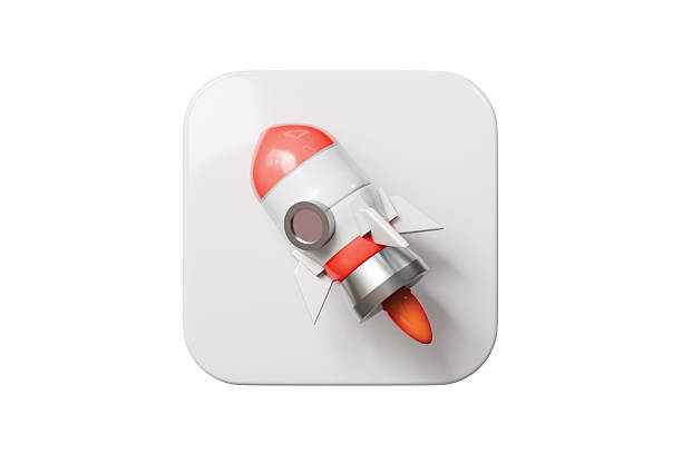 3d rocket on rounded square icon. startup launch concept. Minimal cartoon spaceship badge for app icon logo. isolated on white background. 3d render.