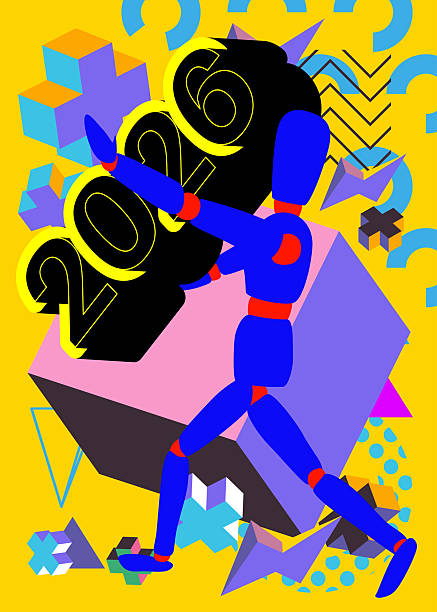 istock Wooden puppet holding 2026 geometrical graphic retro theme background. Minimal geometric elements. Vintage abstract shapes vector illustration. 2254000572