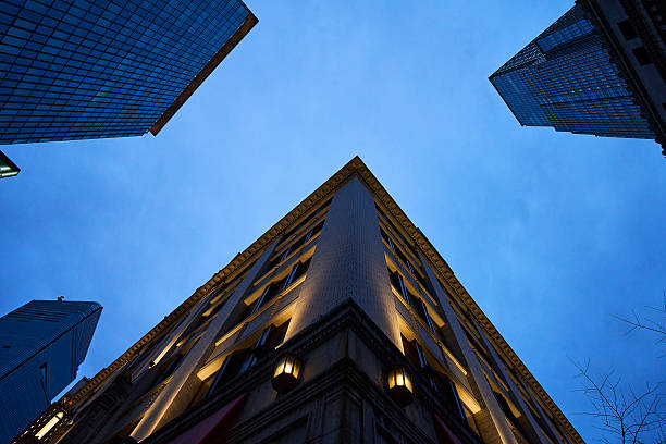 Golden characters carved on the building's corner highlight the deeply shadowed stone walls and the blue of the sky. A moment where intellect, tradition, and ambition intersect.