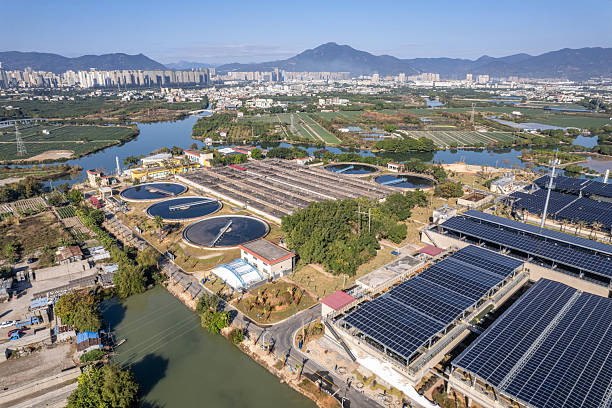 istock Aerial view of a water purification plant using solar power generation 2254011299