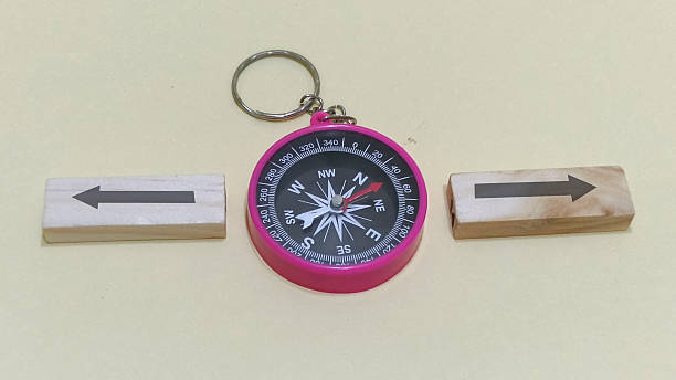 A pink compass with wooden directional arrows on a cream background, perfect for travel and navigation themes
