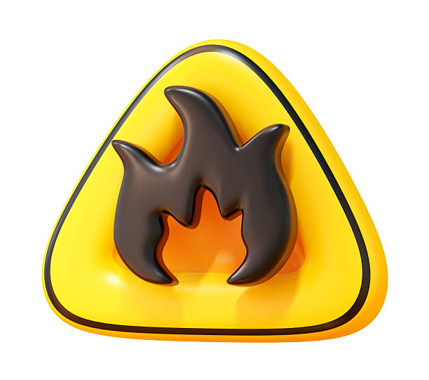 High quality 3d render of yellow fire warning sign with flame symbol. Cute cartoon plastic texture flammable danger and hot caution icon isolated on transparent background.