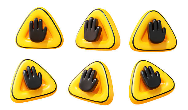 High quality 3d render of yellow stop warning sign set with hand symbol. Cute cartoon plastic texture forbidden and security icon collection isolated on transparent background.