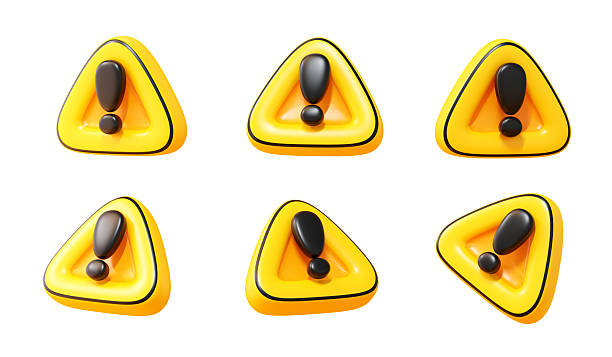 High quality 3d render of yellow warning sign set with exclamation mark. Cute cartoon plastic texture danger alert and caution icon collection isolated on transparent background.