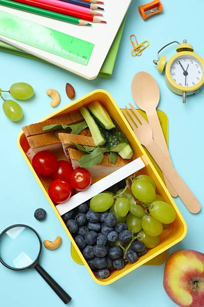 istock Packed lunch with sandwiches, fruits, nuts and vegetables in a divided container 2254015028