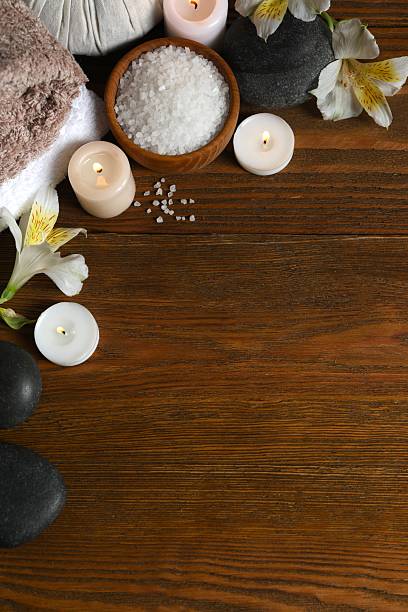 istock Spa wellness relax concept. Spa accessories in massage room, cope spase 2254015388