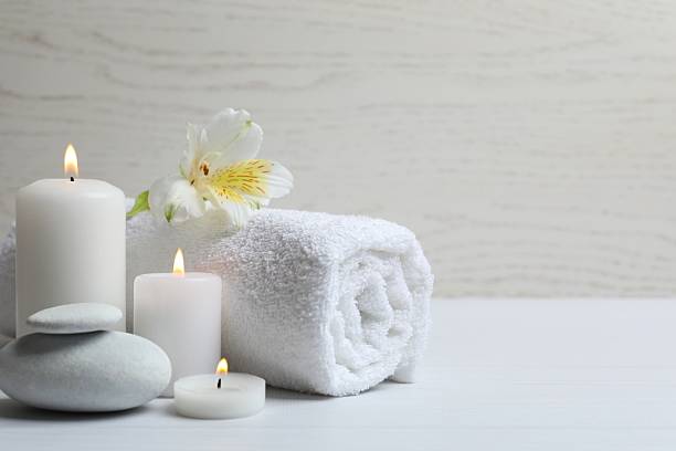 istock Spa wellness relax concept. Spa accessories in massage room, cope spase 2254015389