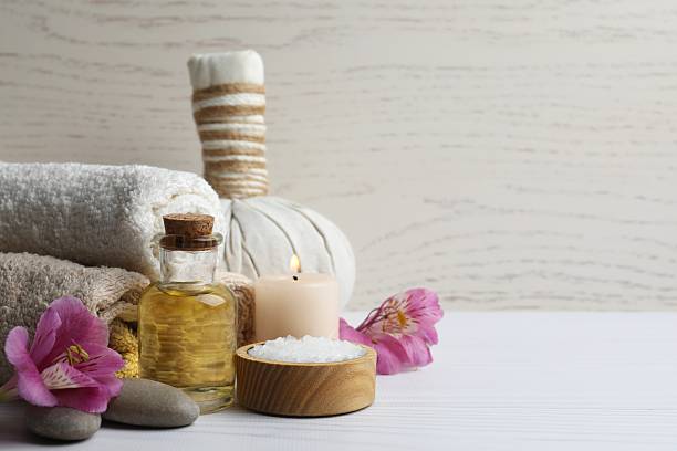 istock Spa wellness relax concept. Spa accessories in massage room, cope spase 2254017525