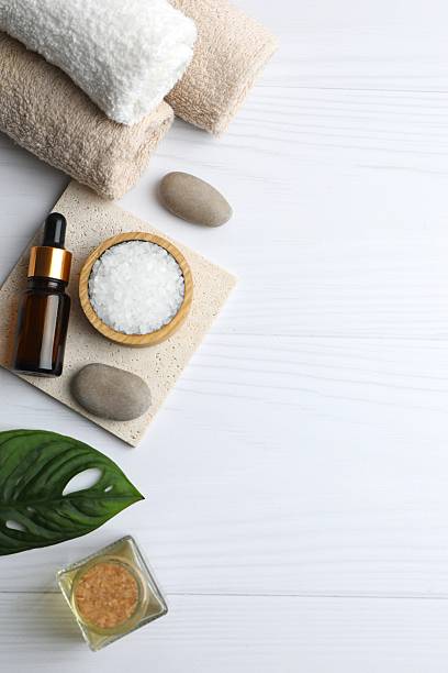 istock Spa wellness relax concept. Spa accessories in massage room, cope spase 2254017530