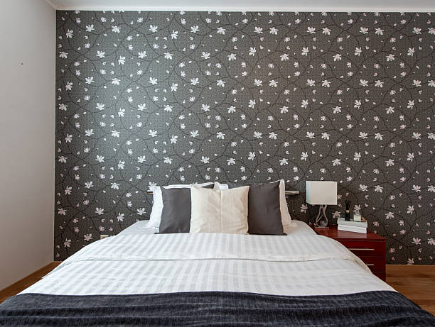 istock Modern Bedroom Interior with Decorative Wallpaper and Cosy Bed Decor 2254017642
