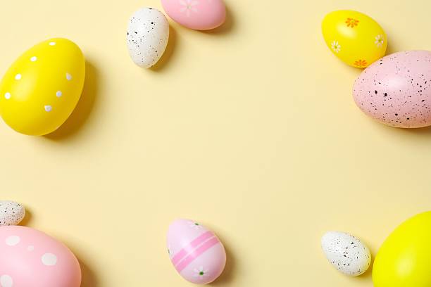 istock Happy Easter. Colorful eggs on color background, space for text or advertising 2254018725