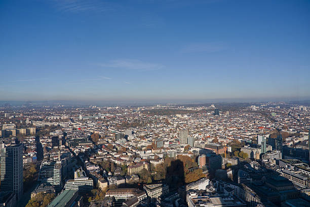 Aerial view from viewing platform of Main Tower platform with skyline and blue sky background on a sunny autumn day. Photo taken November 22nd, 2025, Frankfurt am Main, Germany.