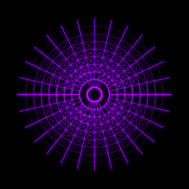 Purple digital geometric wireframe mandala flower.Symmetrical technology circle pattern design