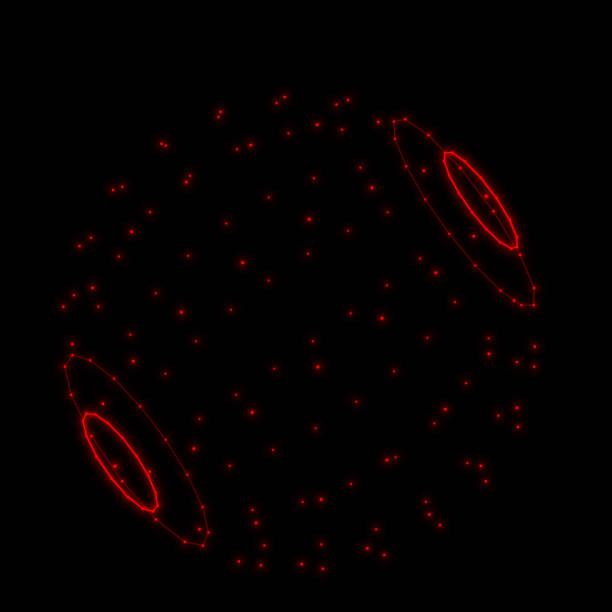 Red digital dots globe sphere with orbiting rings.Digital atomic particle planet technology effect