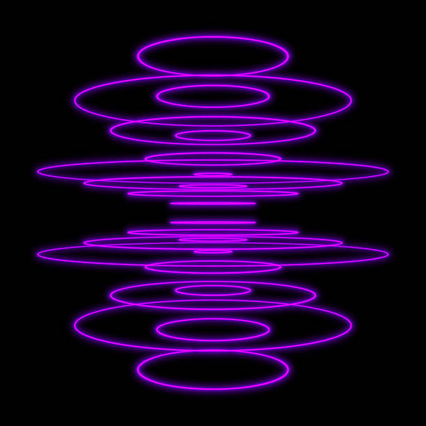 Purple neon digital ring stack hologram.Vertical radar wave signal effect