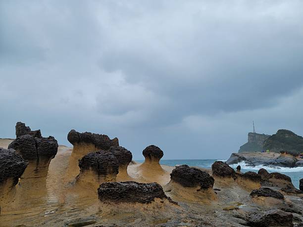 Yehliu Geopark, a famous natural attraction located in New Taipei City, northern Taiwan in early March, 2024. This place is famous for its uniquely shaped, bizarre rocks formed by the erosion of wind and waves over thousands of years. The mushroom-shaped rocks are the most representative attractions.