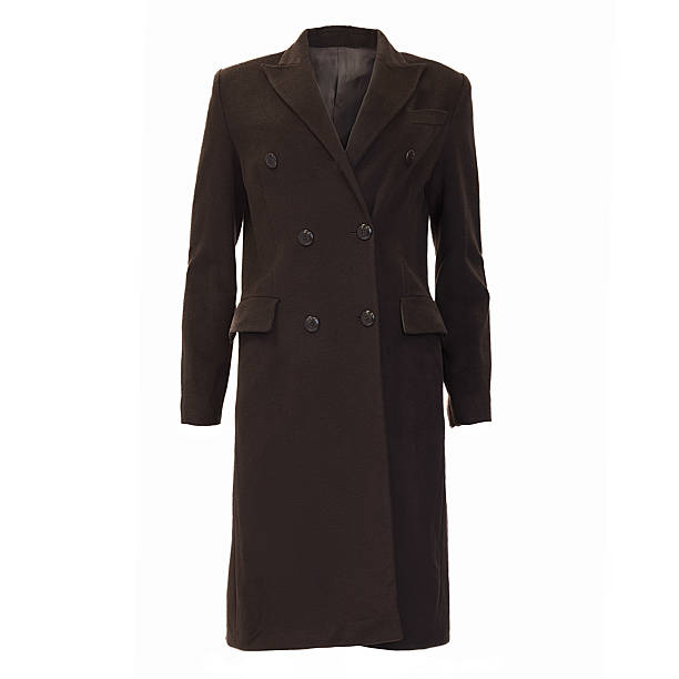 Studio shot of an elegant dark brown double breasted long wool coat photographed from front back and side angles isolated on a clean white background featuring tailored fit structured shoulders notch lapel flap pockets button details and timeless outerwear design suitable for winter autumn and formal or business wear