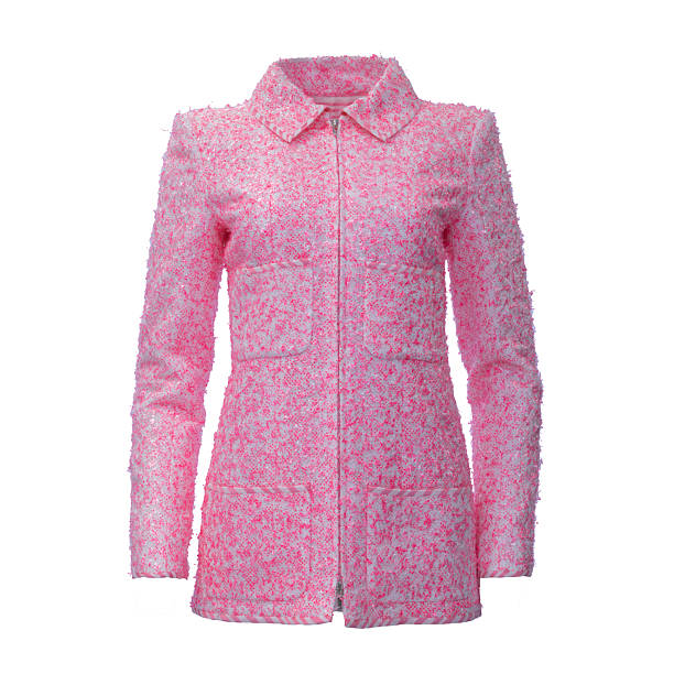 A studio shot of a stylish pink textured tweed jacket designed for women, featuring a fitted silhouette, long sleeves, front zip closure, and decorative pockets, isolated on a clean white background with copy space, suitable for fashion catalog, e commerce, retail, luxury clothing, and modern womenswear concepts