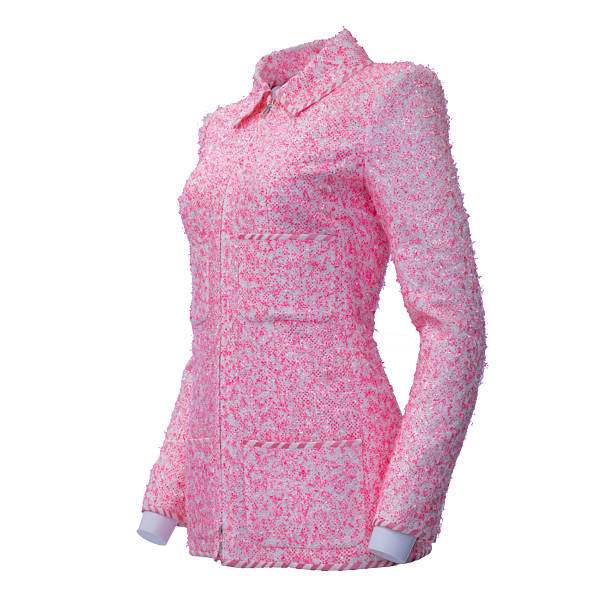 A studio shot of a stylish pink textured tweed jacket designed for women, featuring a fitted silhouette, long sleeves, front zip closure, and decorative pockets, isolated on a clean white background with copy space, suitable for fashion catalog, e commerce, retail, luxury clothing, and modern womenswear concepts