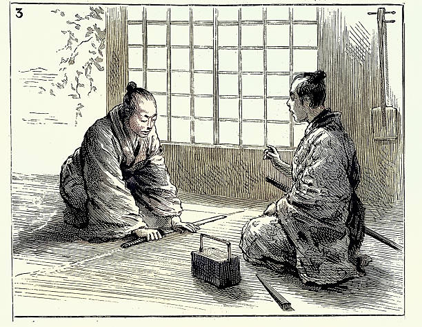 Japanese Daimyo giving a sword to a man, Japan, Vintage illustration