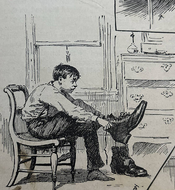 istock Antique illustration - young boy sitting on a chair pulling on oversized very large boots 2254050453