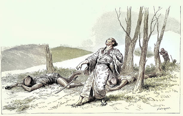 Assassination of a Japanese Daimyo, ambushed by men with guns, Japan, Vintage illustration
