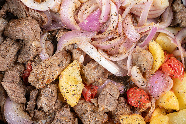 top view fresh home cooked beef dices on a pan