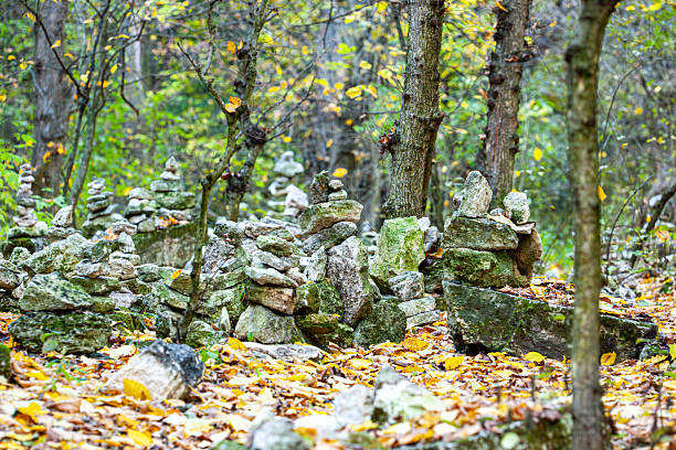 Stacked stones create an artistic arrangement along a gentle stream in a peaceful forest. Sunlight filters through trees illuminating the smooth surfaces of the stones showcasing natures beauty. High quality photo