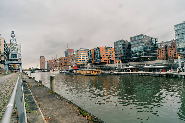 This is a riverside view of HafenCity, a modern dock area and popular travel destination on September 11, 2022 in Hamburg, Germany