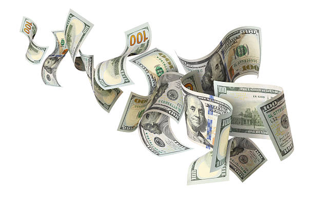 istock Flying hundred dollar banknotes, isolated on white background 2254067133