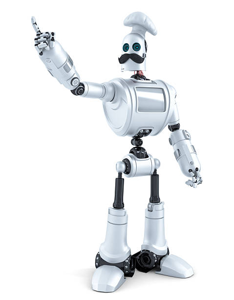 Robot Chef pointing over white background. 3D illustration. Isolated.