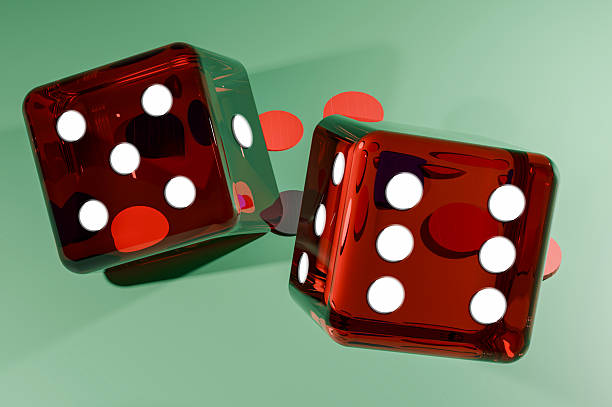 3D render of transparent red glass dice floating on a soft green background. Abstract concept representing luck, chance, risk, gambling, probability, casino games, strategy, success, and uncertainty. Modern minimal design with copy space.