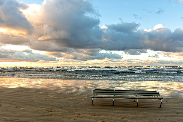 Benches by the shore at sunset with gentle waves lapping against the sand